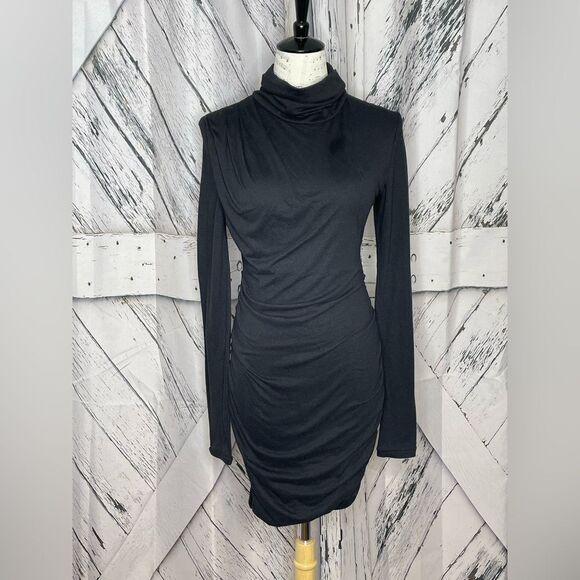 NWT Pam & Gela Twisted Turtleneck Dress Black Ruched Cut Out Back S - Picture 3 of 11